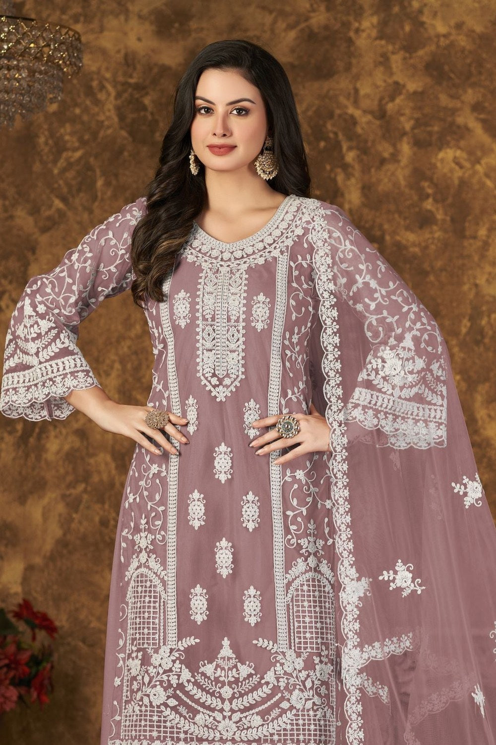 Rust Pink Net Plazo Pakistani Style Wedding Dresses with Thread Embroidery Work - close-up view