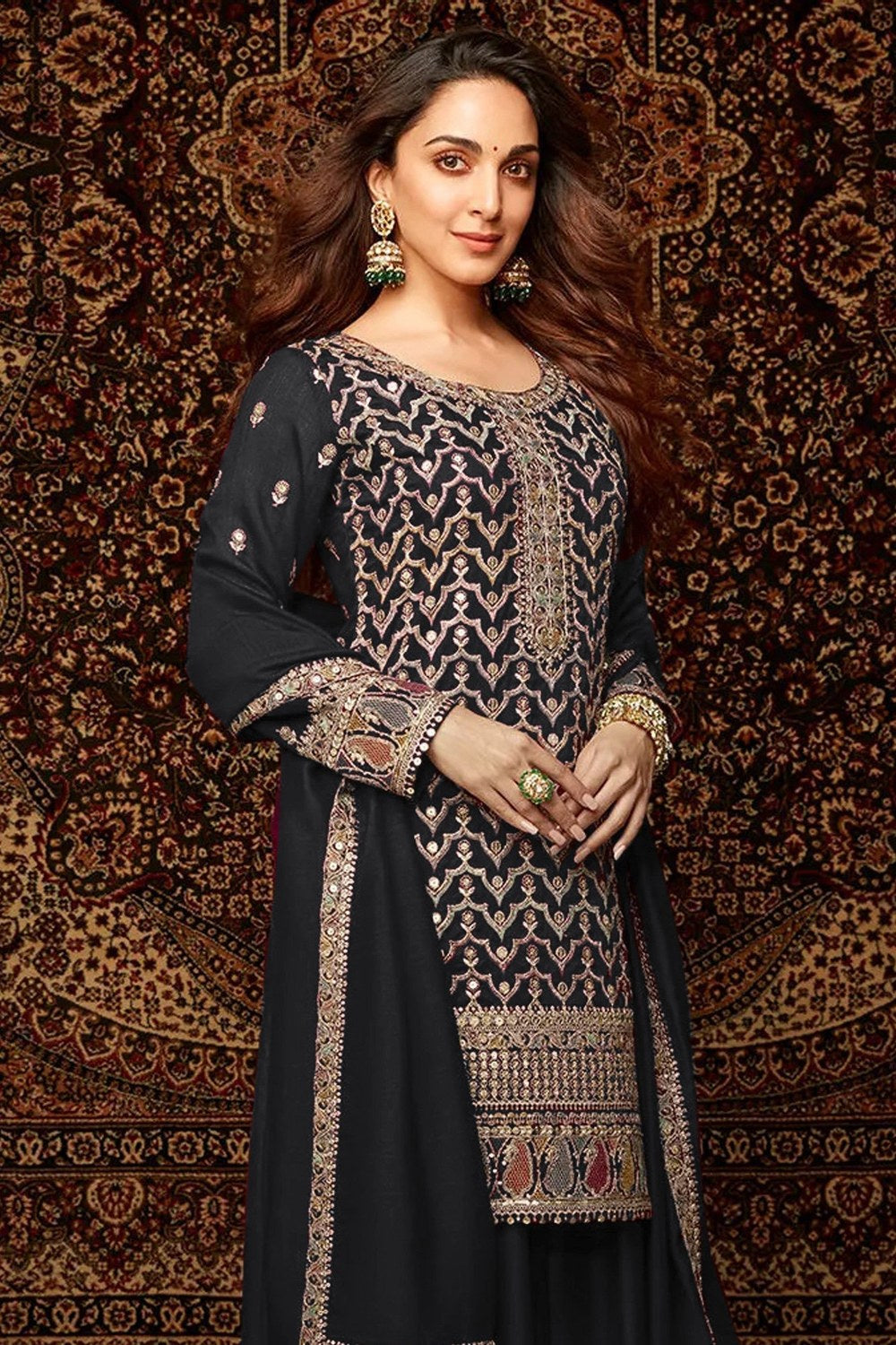 Black Chinon Silk Kameez With Palazzo Suit For Indian & Pakistani Wedding Festival - Thread & Sequence Embroidery - close-up view