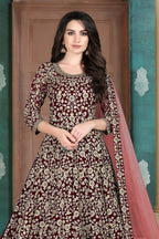 Maroon Georgette Thread Work Anarkali Dresses for an Indian Wedding Guest - close-up view