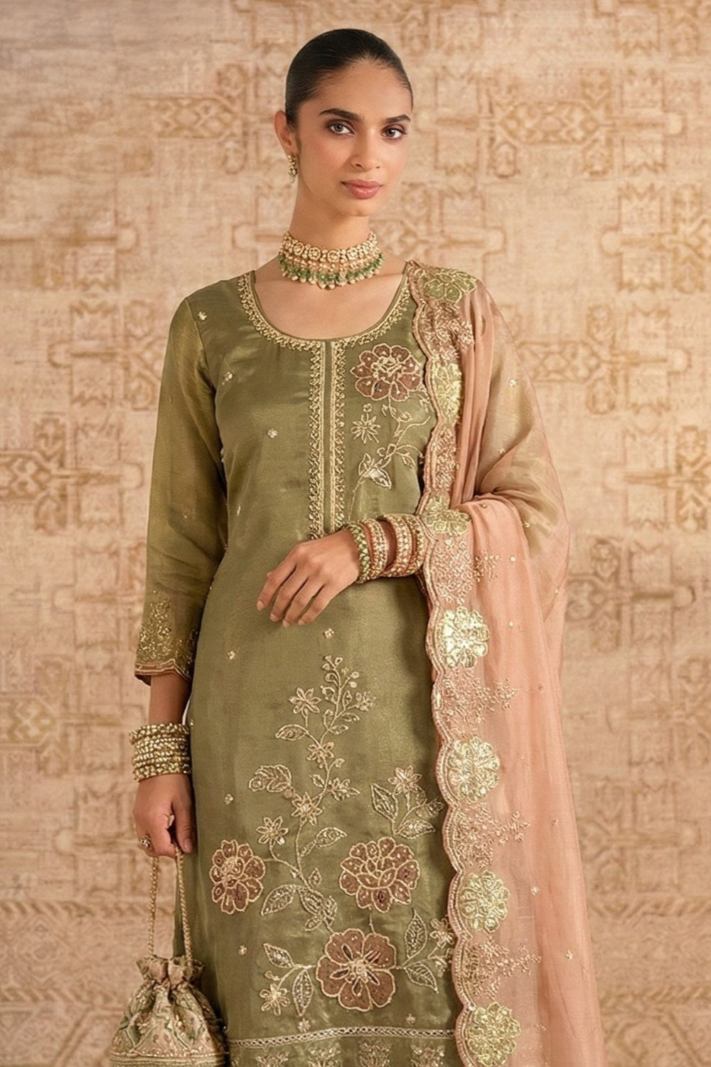 Olive Shimmer Silk Female Kameez with Pant - Embroidery Work - close-up view