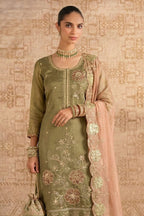 Olive Shimmer Silk Female Kameez with Pant - Embroidery Work - close-up view