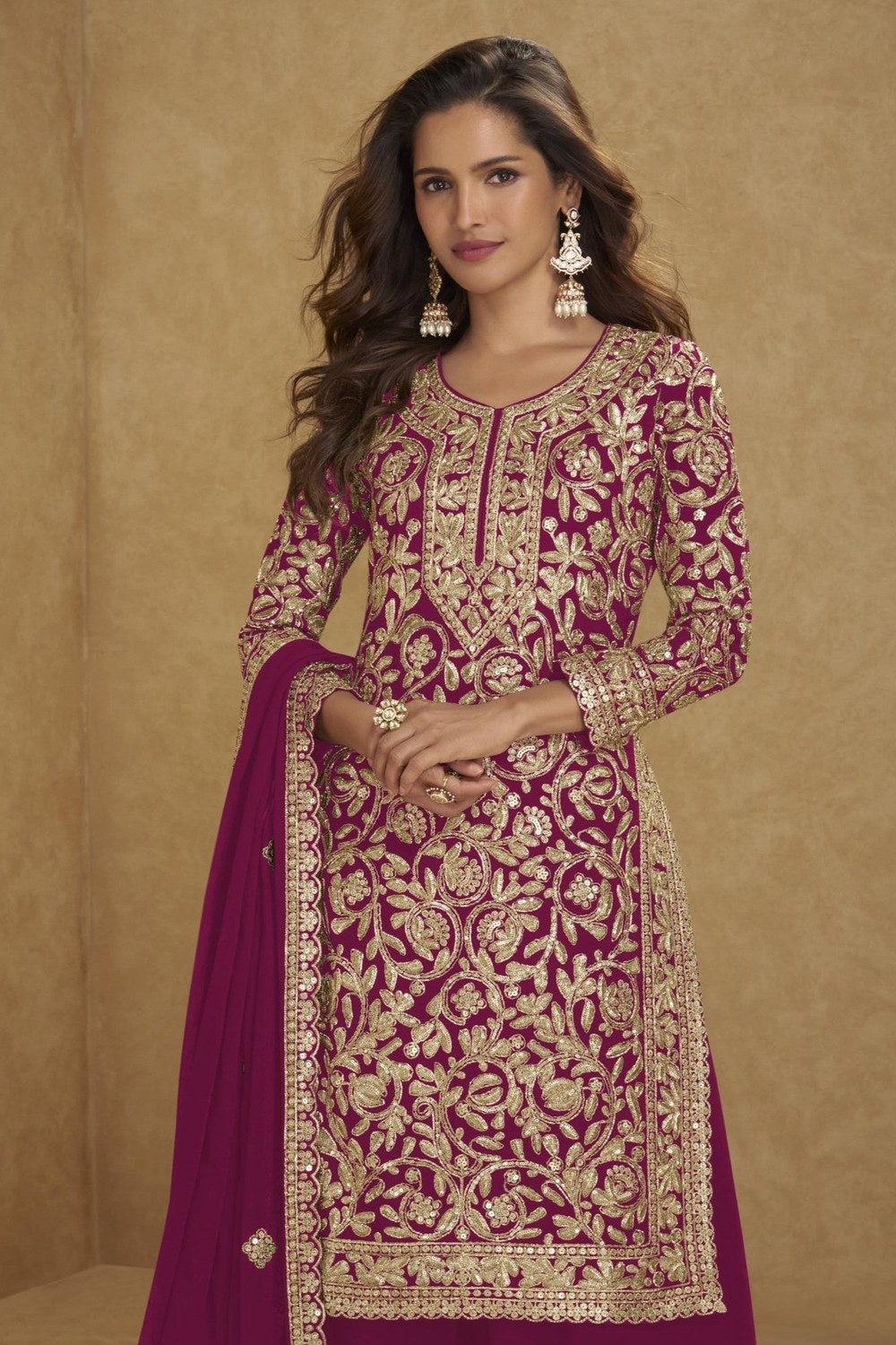 Embroidered Suit for Womens | Red Georgette Sequin Plazo Set - close-up view