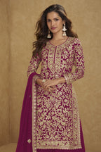 Embroidered Suit for Womens | Red Georgette Sequin Plazo Set - close-up view