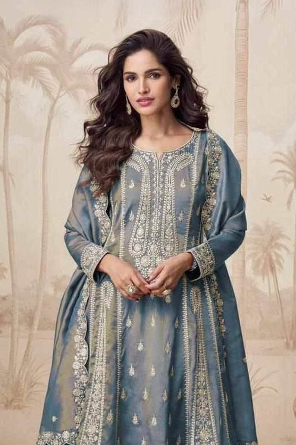 Bluish Grey Simmer Silk Kameez With Pant For Indian & Pakistani Wedding Festival - Embroidery Work - close-up view
