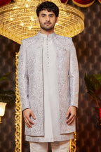 Gray Art Silk Traditional Indo Western Sherwani Long Kurta & Pant for Men for Wedding - Embroidery Work - close-up view