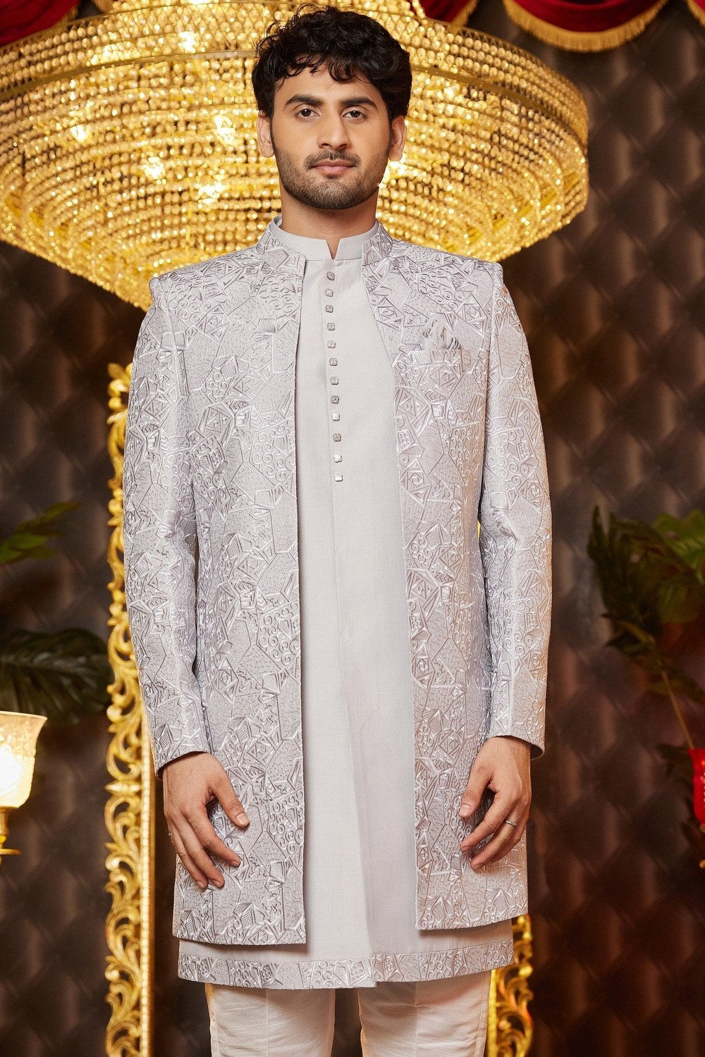 Gray Art Silk Traditional Indo Western Sherwani Long Kurta & Pant for Men for Wedding - Embroidery Work - close-up view