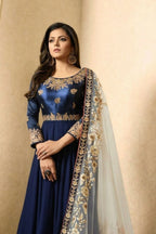 Blue Georgette Anarkali Suit Indian Dresses For Marriage - Embroidery Work - close-up view