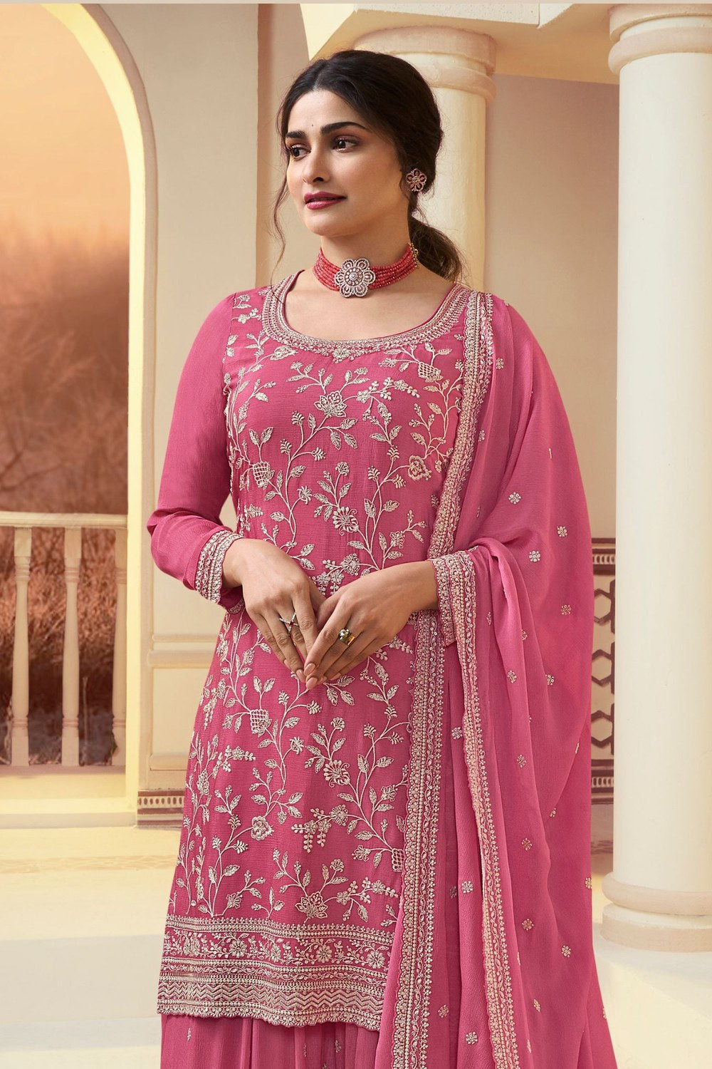 Pink Chinon Silk Palazo Suit for Wedding Guest in Thread Embroidery Work RTS - close-up view