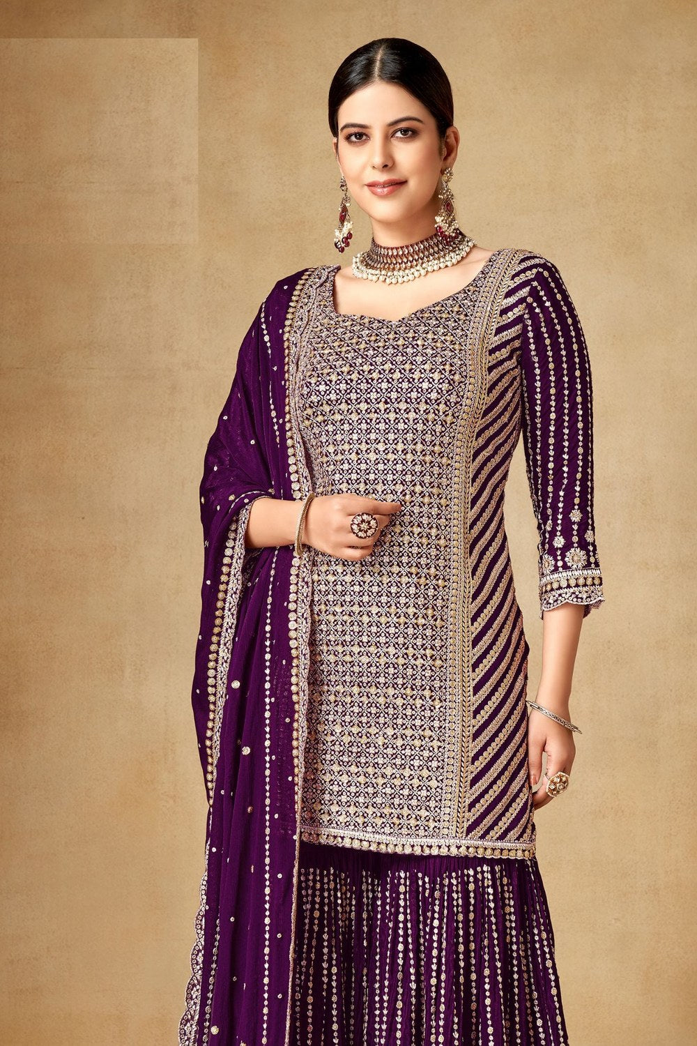 Maroon Chinon Silk Dress of Sharara for Indian & Pakistani Festival - Sequence Embroidery Work, Zari Work - close-up view