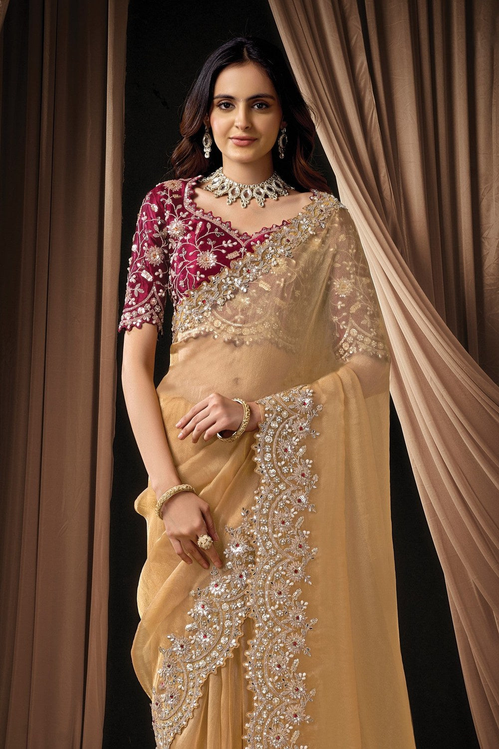 Tan Color Sequins & Mirror Pearl Work Saree for Wedding Guest in Velvet Satin - close-up view