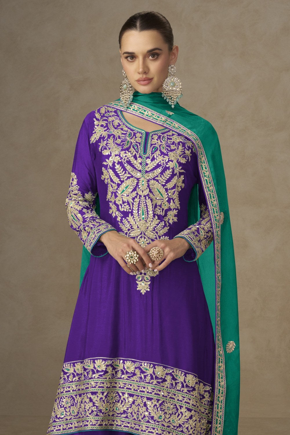 Purple Chinon Silk Kameez With Plazo Suit For Indian & Pakistani Wedding Festival - Thread & Sequence Embroidery - close-up view
