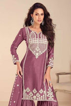 Purple Chinon Silk Sharara Suit For Indian & Pakistani Wedding Festival - Embroidery Work, Khatli Work - close-up view