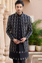 Black Art Silk Indo Western Suit Long Kurta with Jacket, Pant & Dupatta for Men for Wedding - Thread Embroidery Work - close-up view