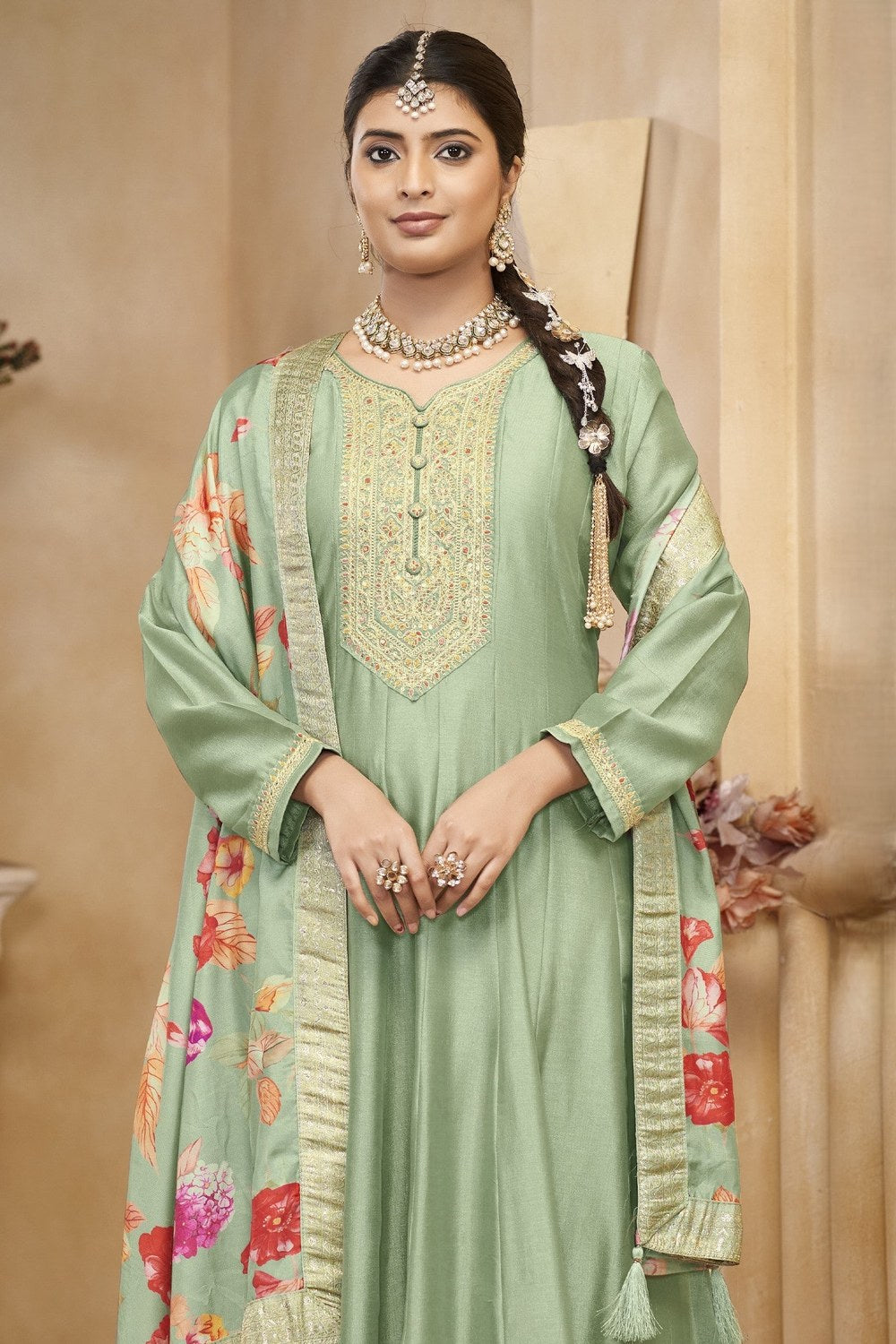 Green Chinon Silk Long Kameez Pant Suit For Indian Festivals & Weddings - Embroidery Work, Print Work - close-up view