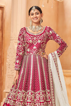 Dark Pink Art Silk Anarkali Pakistani Dresses Traditional With Thread Embroidery Work - close-up view