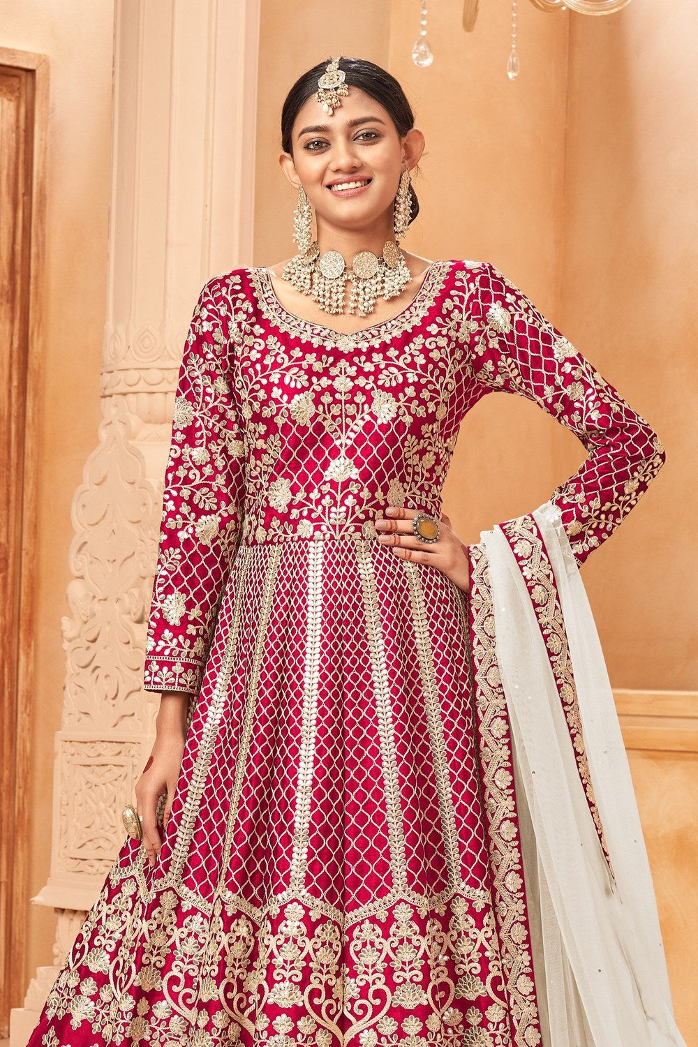 Dark Pink Art Silk Anarkali Pakistani Dresses Traditional With Thread Embroidery Work - close-up view
