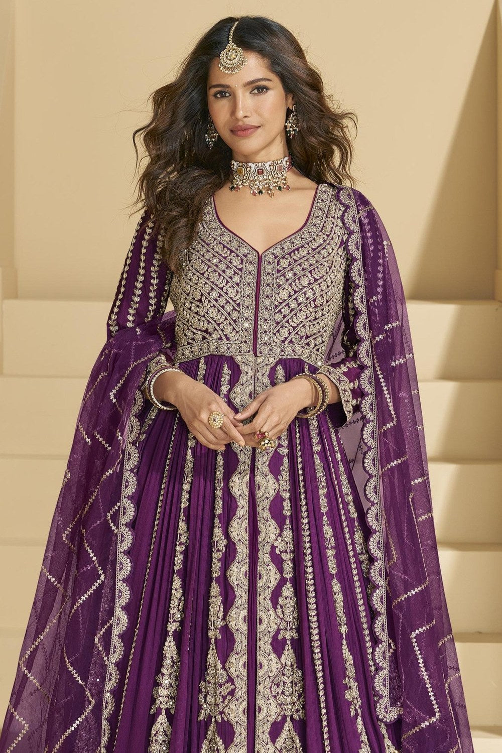 Wine Chinon Silk Front Slit Anarkali With Skirt Suit For Indian & Pakistani Wedding Festival - Sequins & Thread Embroidery Work, Dori Work - close-up view