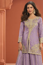 Light Purple Fandy Silk Plazo Suit For Indian & Pakistani Wedding Festival - Thread Embroidery Work - close-up view