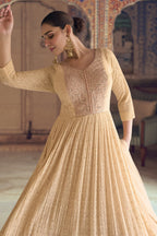 Beige Georgette Indian Bridal Reception Gowns for Party Anarkali Suit - Chikankari Embroidery Work - close-up view