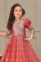 Red Chinon Silk Kids Wear Girls Flower Printed Gown with Dupatta Suit for Kids for Festivals & Wedding - Sequence Embroidery Work, Print Work - close-up view