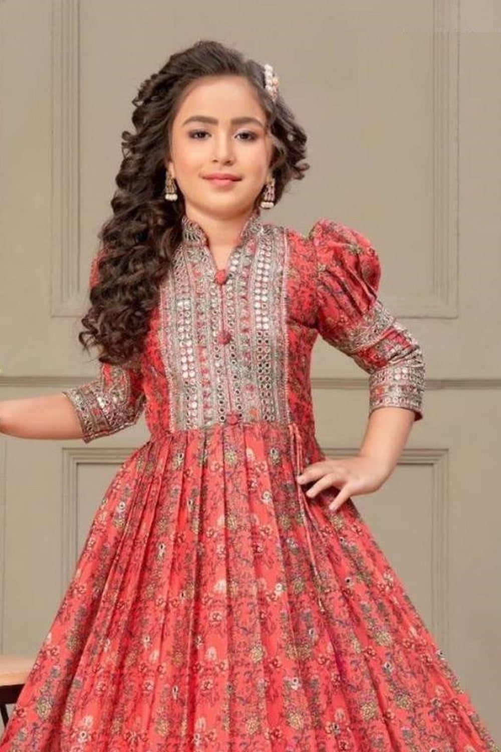 Red Chinon Silk Kids Wear Girls Flower Printed Gown with Dupatta Suit for Kids for Festivals & Wedding - Sequence Embroidery Work, Print Work - close-up view
