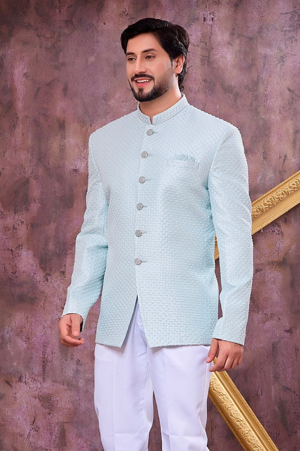 Firozi Art Silk Jodhpuri Suit For Men & Pant with Thread Embroidery Work - close-up view