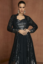 Black Party Wear Dress: Georgette Choli with Palazzo & Jacket Suit in Sequin Work - close-up view