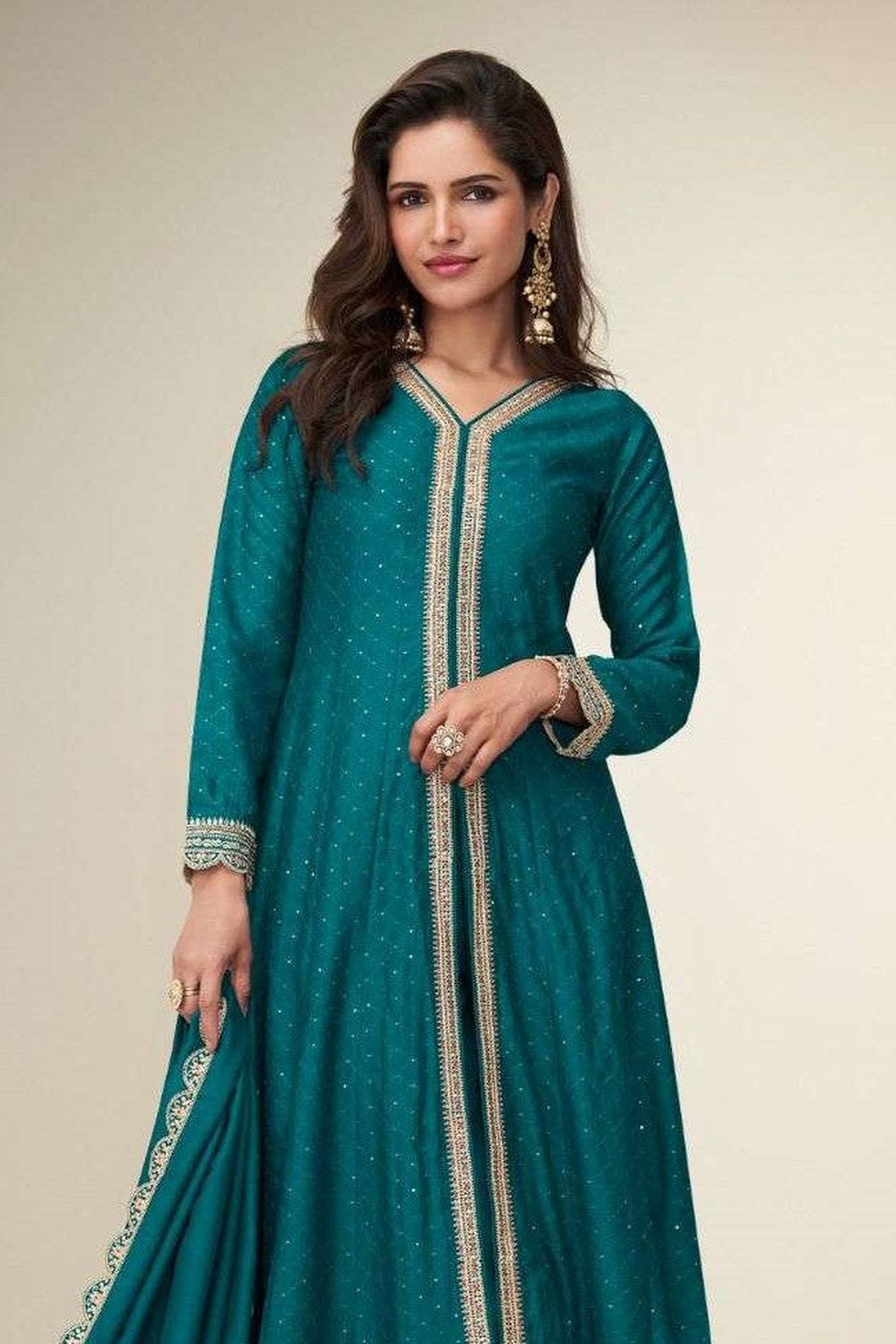 Teal Chinon Silk Designer Anarkali Suits with Thread and Sequins Work - close-up view