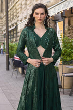 Green Georgette Plazo Choli With Jacket For Indian & Pakistani Wedding Festival - Thread & Sequins Embroidery Work - close-up view