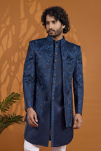 Blue Thread Work Three Piece Sherwani for Men Wedding - close-up view