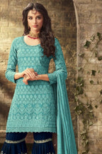 Turquoise Georgette Gharara Suit for Women for Wedding - Embroidery Work - close-up view