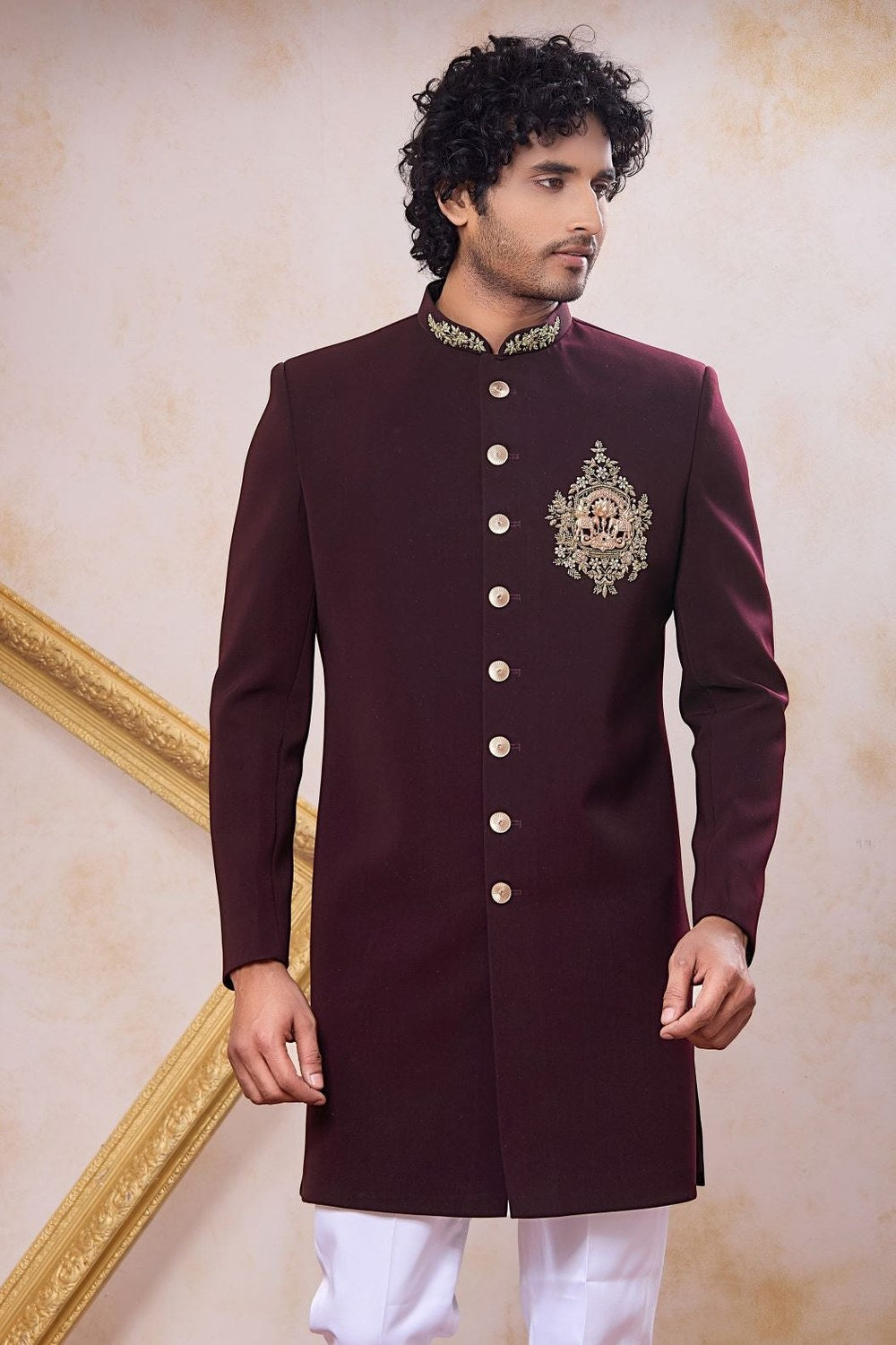 Dark Maroon Art Silk Zardosi & Bead Hand Work Indo Western Outfits for Men - close-up view