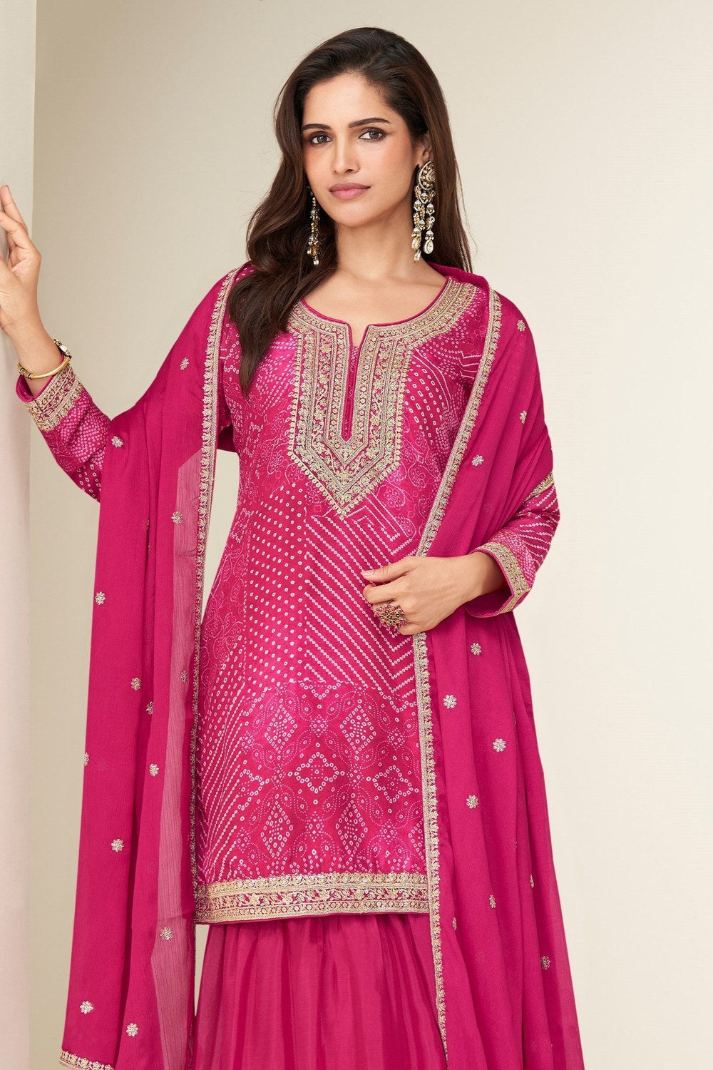 Pink Chinon Silk Plazo Suit For Indian & Pakistani Wedding Festival - Embroidery Work, Print Work - close-up view