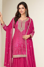 Pink Chinon Silk Plazo Suit For Indian & Pakistani Wedding Festival - Embroidery Work, Print Work - close-up view