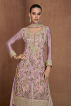 Purple Chinon Silk Pakistani Suit Dress Palazzo Style - Thread Embroidery Work - close-up view