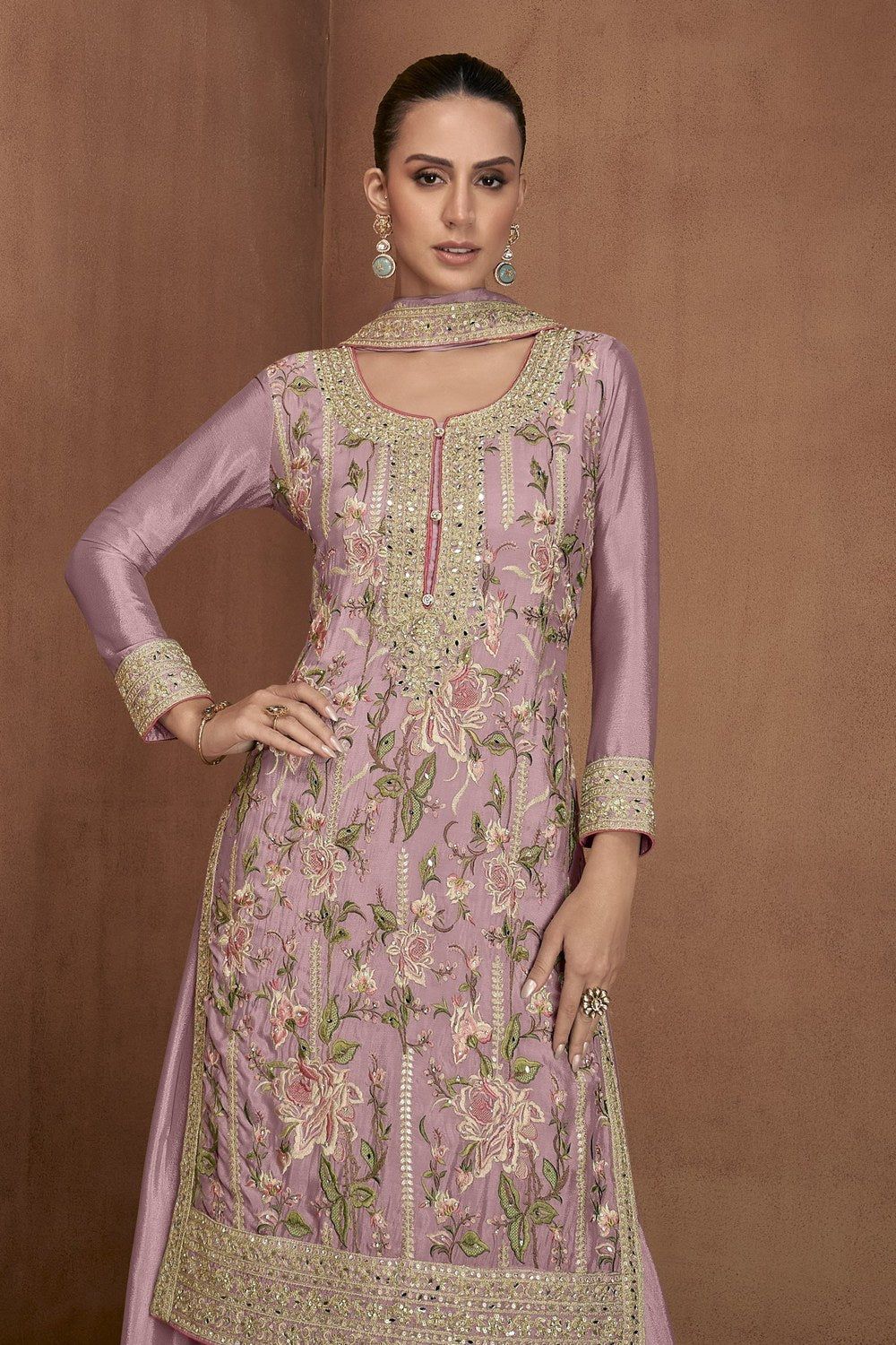Purple Chinon Silk Pakistani Suit Dress Palazzo Style - Thread Embroidery Work - close-up view