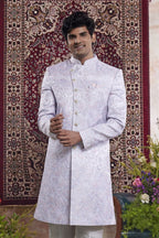 Lavender Jacquard Mens Indian Wedding Attire Woven Indo Western - close-up view