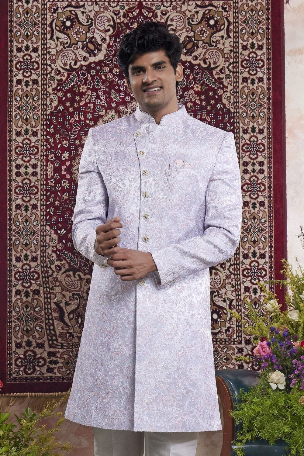 Lavender Jacquard Mens Indian Wedding Attire Woven Indo Western - close-up view
