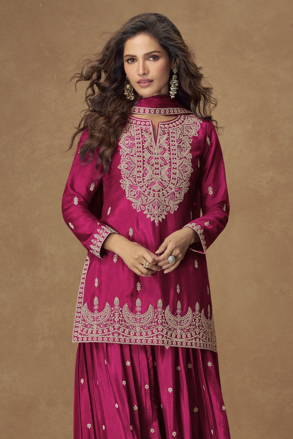 Hot Pink Embroidered Palazo Pakistani Suits in Chinon Silk - close-up view