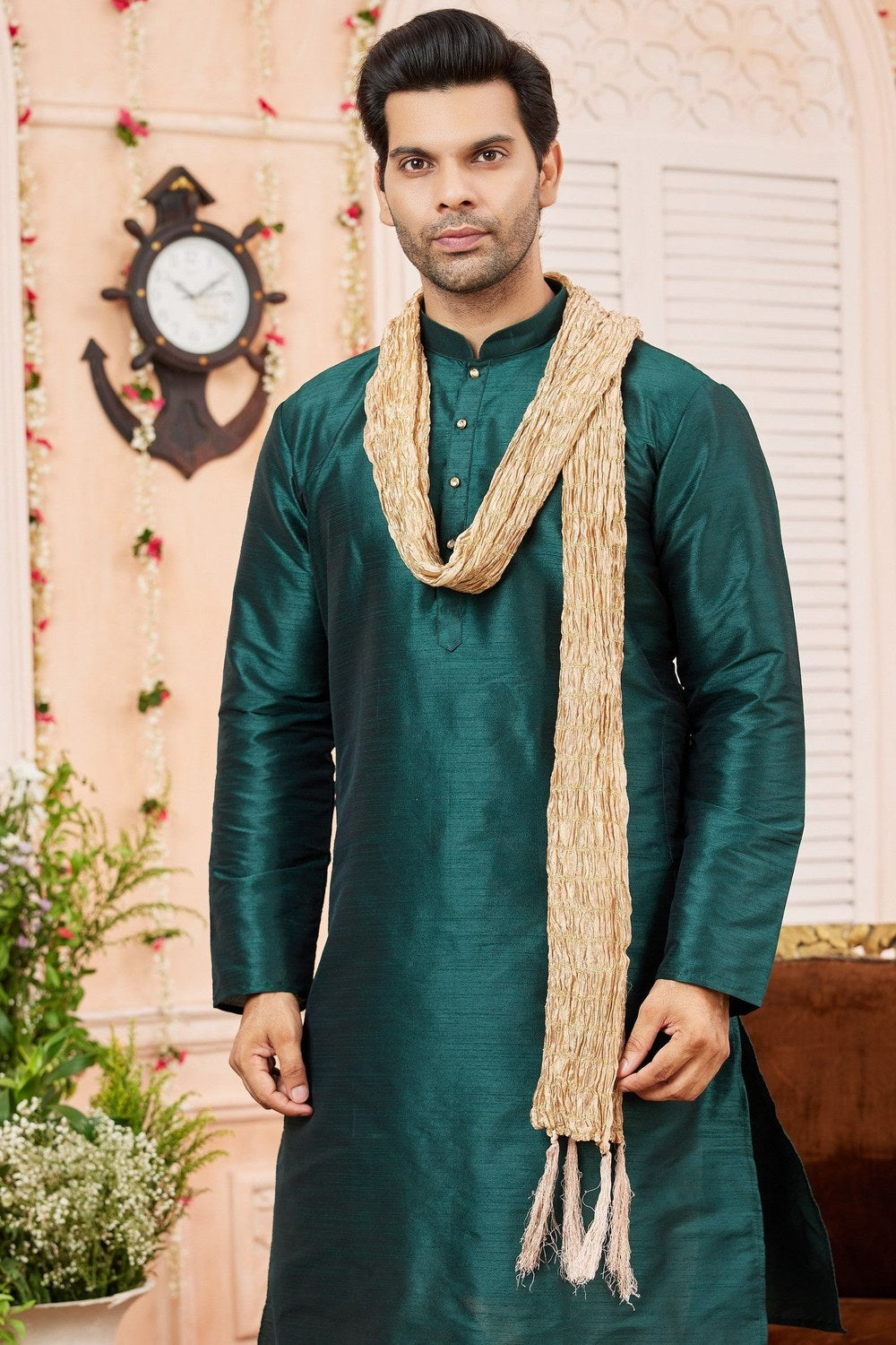 Teal Green Art Silk Plain Kurta Pajama with Stole Scarf for Men for Festivals & Wedding - close-up view