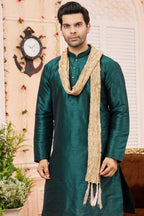 Teal Green Art Silk Plain Kurta Pajama with Stole Scarf for Men for Festivals & Wedding - close-up view