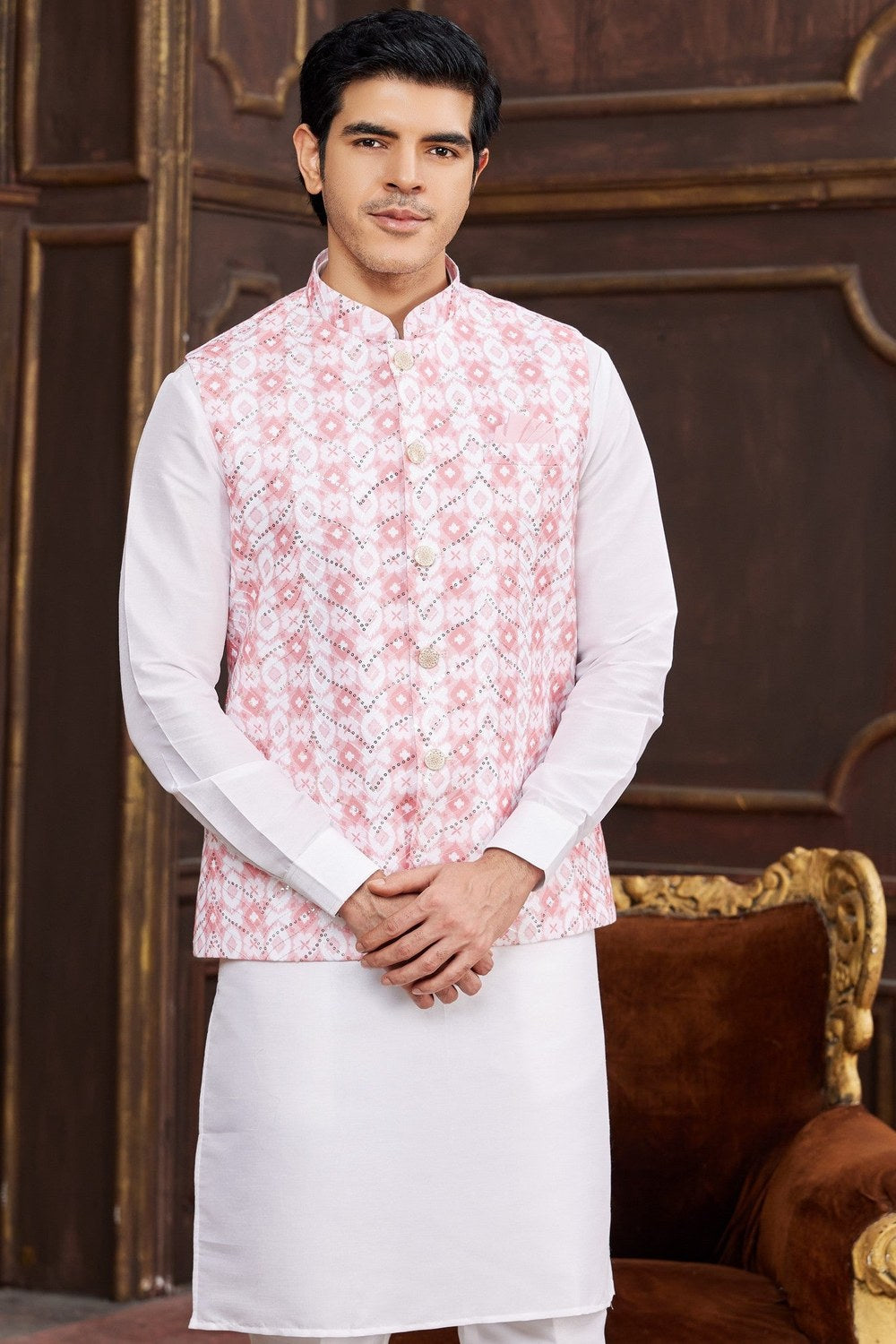 Pink White Art Silk Kurta Pajama with Waistcoat Jacket for Men for Wedding - Print Work - close-up view