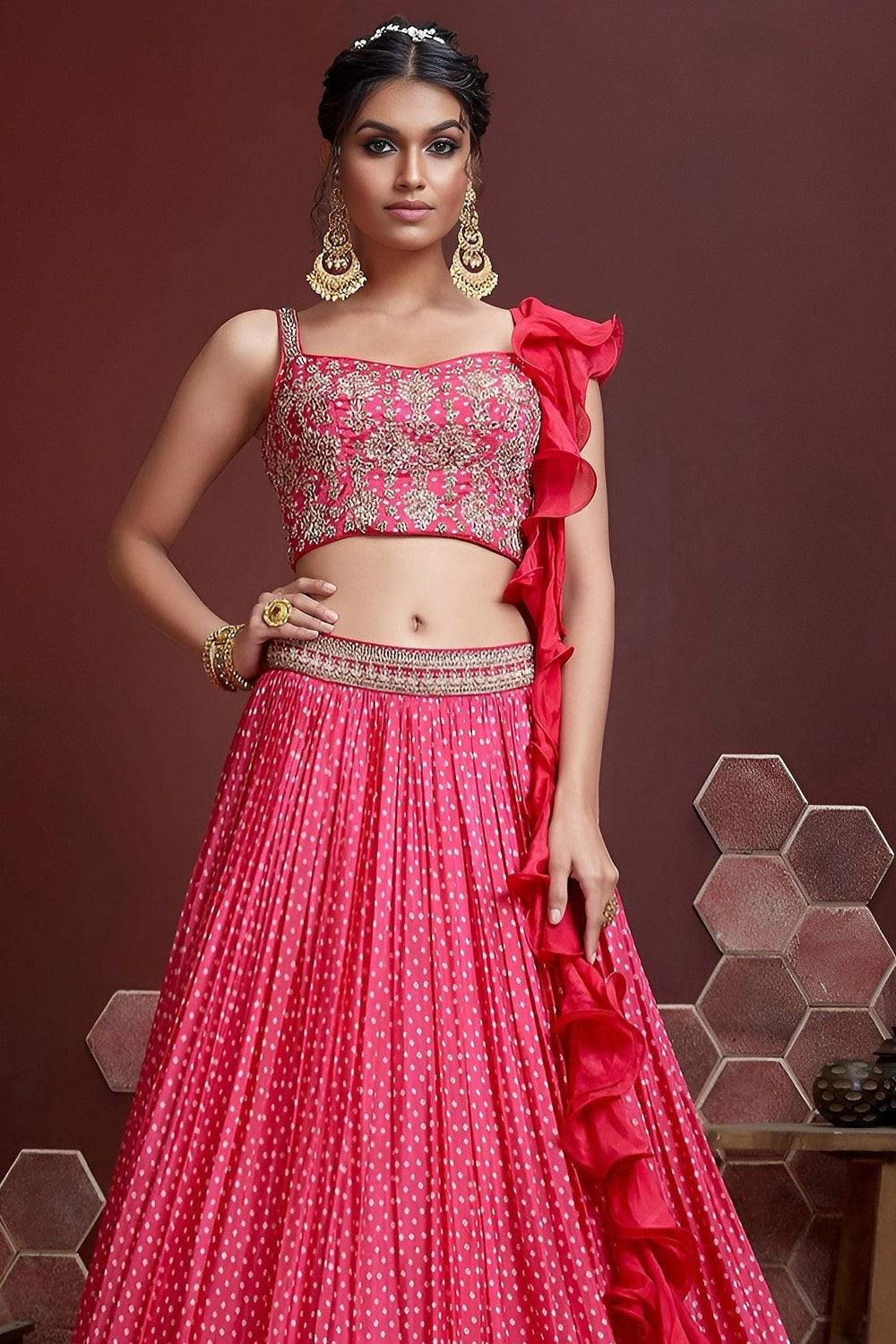 Pink Chinon Silk Party Wear Lehenga Choli For Indian & Pakistani Wedding Festival - Print Work, Swarovski Work, Embroidery Work - close-up view