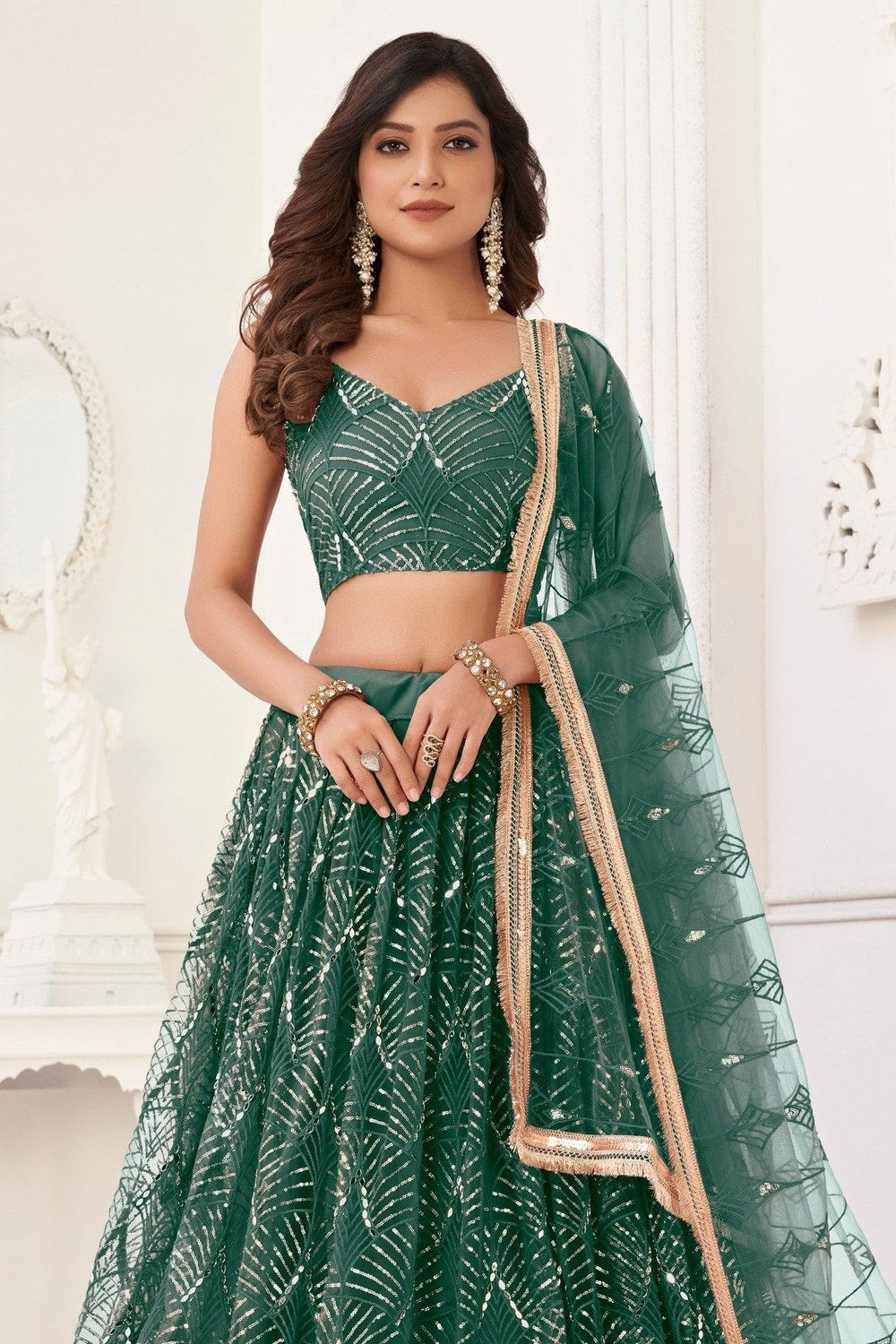 Teal Net Embroidered Lehenga Choli For Indian Festival & Weddings - Embroidery Work - close-up view