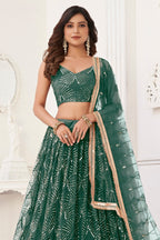 Teal Net Embroidered Lehenga Choli For Indian Festival & Weddings - Embroidery Work - close-up view