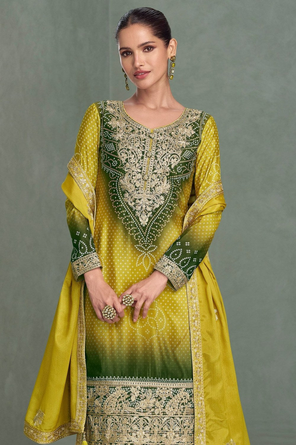Green Chinon Silk Dual Color Bandhani Print Style Plazo Suit For Indian & Pakistani Wedding Festival - Thread & Sequence Embroidery Work, Print Work - close-up view