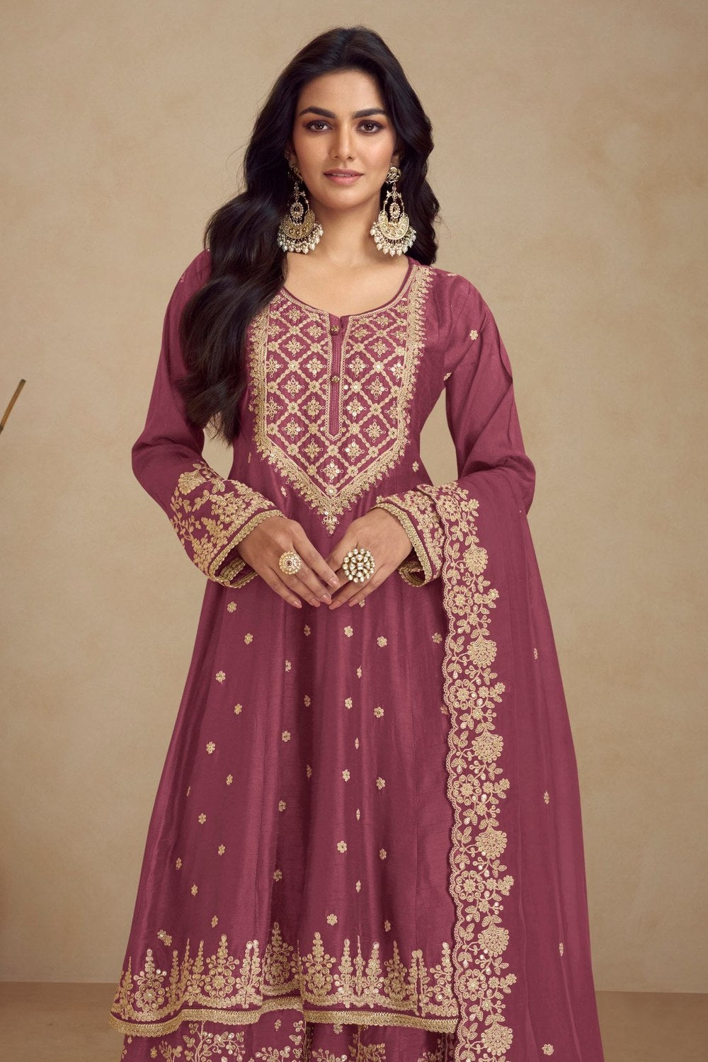 Maroon Chinon Silk Plazo Suit For Indian Weddings & Pakitani Festival - Embroidery Work - close-up view