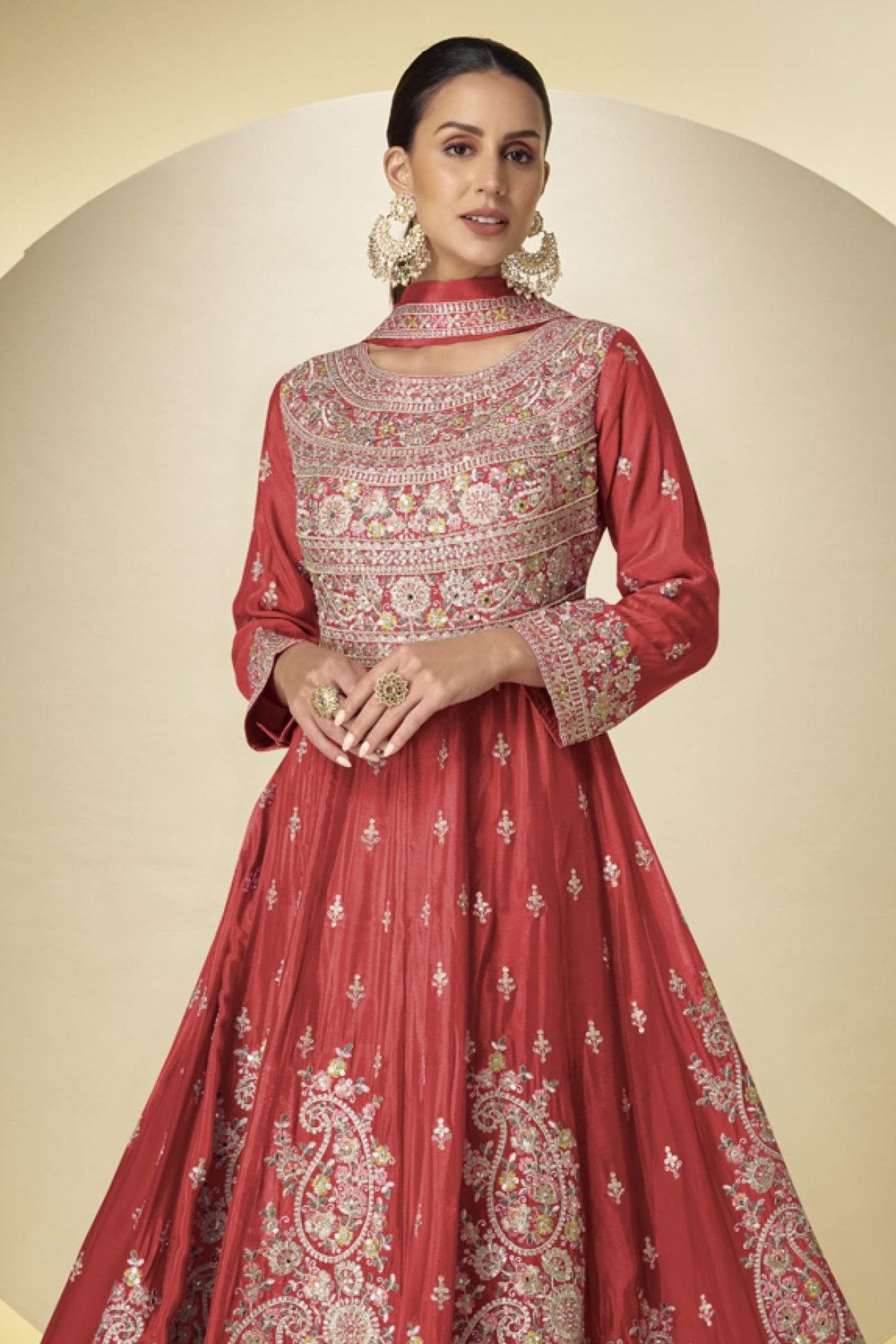 Red Chinon Silk Kameez With Pant For Indian & Pakistani Wedding Festival - Sequins & Thread Embroidery Work - close-up view