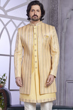 Light Yellow Art  Silk Indo Western Traditional Sherwani Kurta with Jacket & Pant for Men for Wedding - Embroidery Work - close-up view