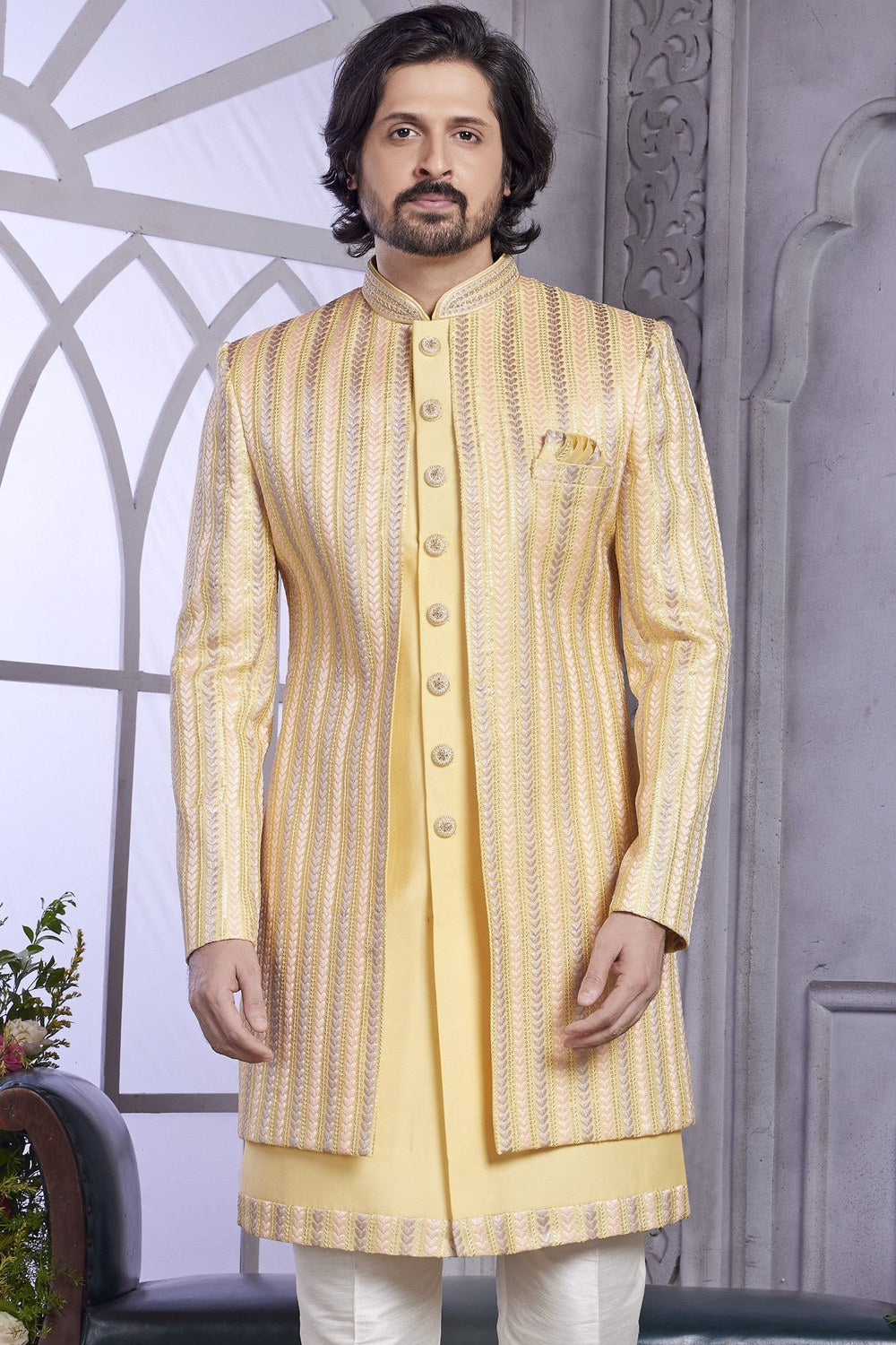 Light Yellow Art  Silk Indo Western Traditional Sherwani Kurta with Jacket & Pant for Men for Wedding - Embroidery Work - close-up view